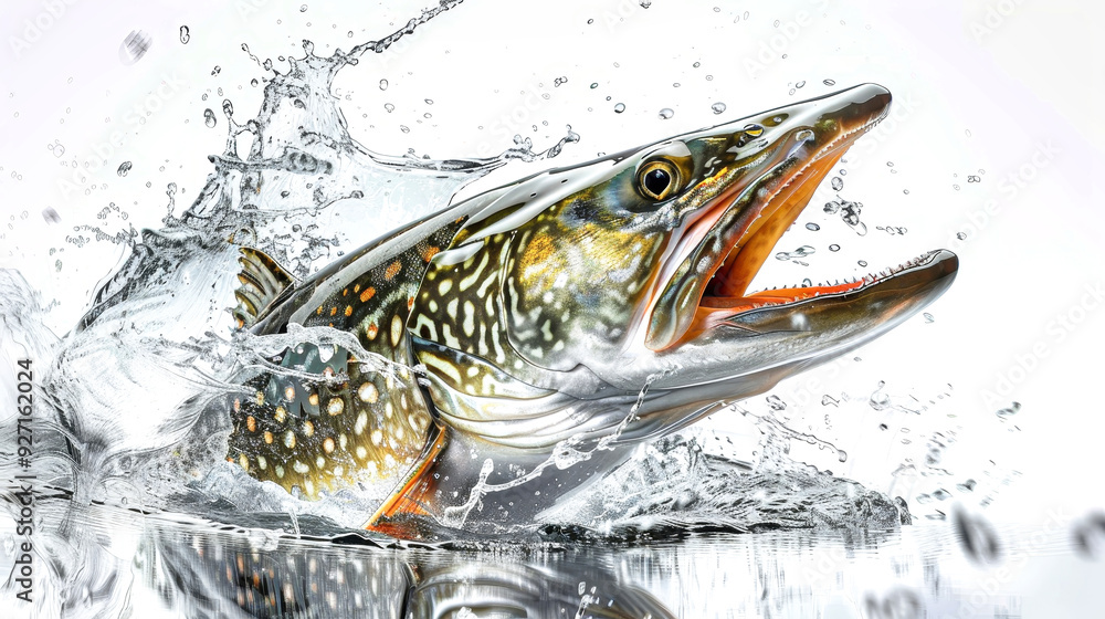 A fierce pike fish leaps from the water, creating vibrant splashes against a stark white background, showcasing its striking features and dynamic motion A fierce pike fish leaps from the water, creating vibrant splashes against a stark white background, showcasing its striking features and dynamic motion