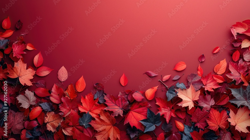 An autumn frame with fallen maple leaves on a red background, presented in a flat lay top view with copy space. An autumn frame with fallen maple leaves on a red background, presented in a flat lay top view with copy space.