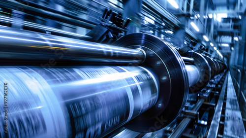 High-speed rolls of newspapers move swiftly in a factory, showcasing the machinery's efficiency and the intense atmosphere of printing production