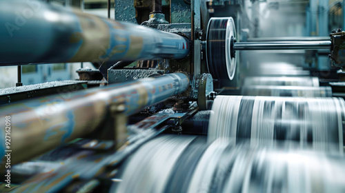 Newspaper rolls and printed pages move swiftly through the machinery, showcasing the vibrant workflow of a printing factory