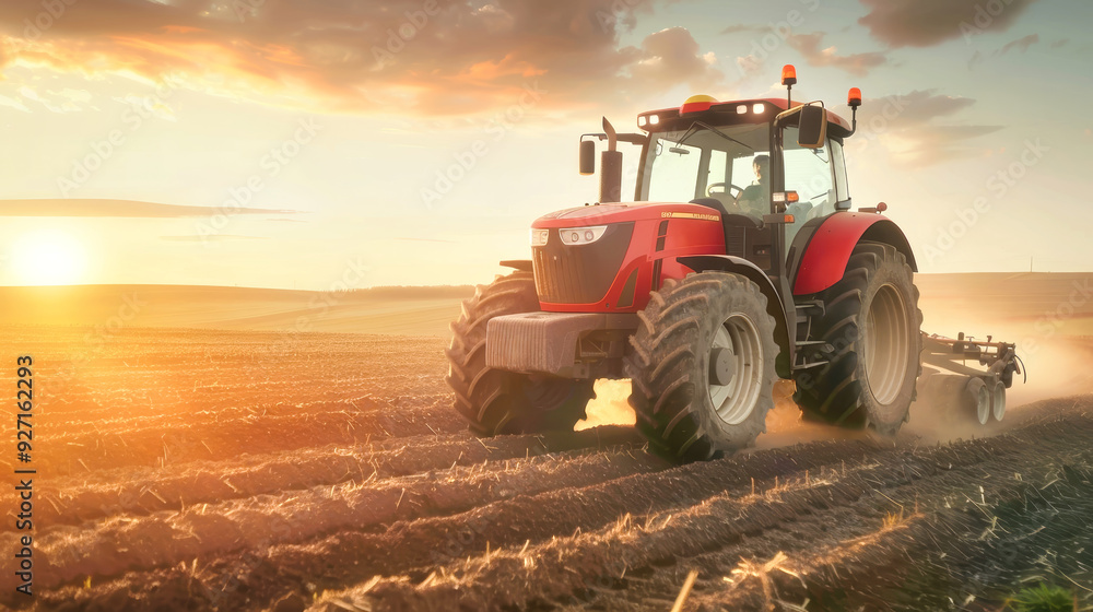 A red tractor works diligently to plow the field at sunset, creating dust clouds against a stunning backdrop of open sky and golden light A red tractor works diligently to plow the field at sunset, creating dust clouds against a stunning backdrop of open sky and golden light