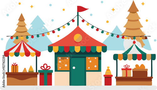 A cheerful market features vibrant stalls adorned with lights and gifts, set against a backdrop of evergreen trees.