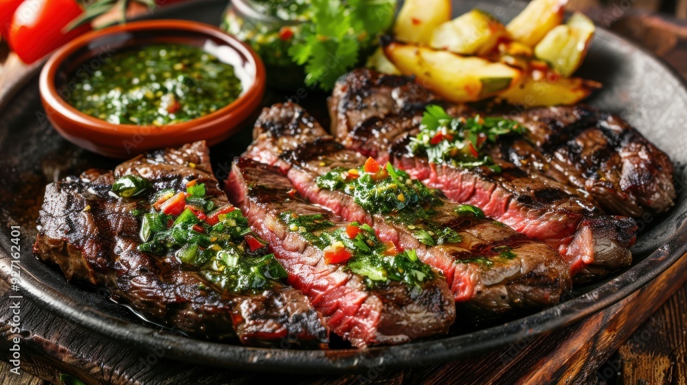 A close-up shot of a delicious grilled steak on a black plate, topped with a vibrant green chimichurri sauce and accompanied by roasted potato wedges. A close-up shot of a delicious grilled steak on a black plate, topped with a vibrant green chimichurri sauce and accompanied by roasted potato wedges.