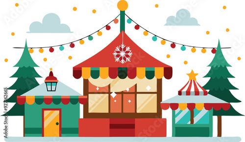 Charming winter market features cozy stalls adorned with lights and surrounded by evergreen trees.