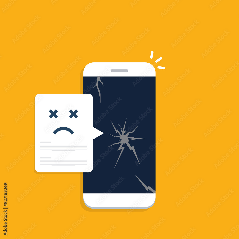 Broken smartphone with sad smile. Broken phone service, recovery and repair concept.	