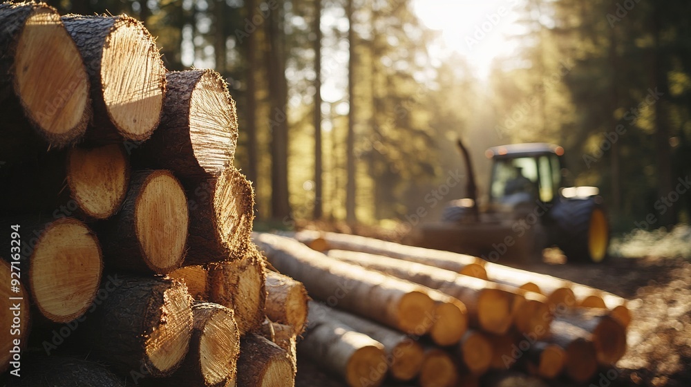 Rugged Lumber Stacked in Forest Clearing, Freshly Cut Logs Await Transport.Deforestation and Environmental Impact, Sustainable Forestry Practices. Rugged Lumber Stacked in Forest Clearing, Freshly Cut Logs Await Transport.Deforestation and Environmental Impact, Sustainable Forestry Practices.
