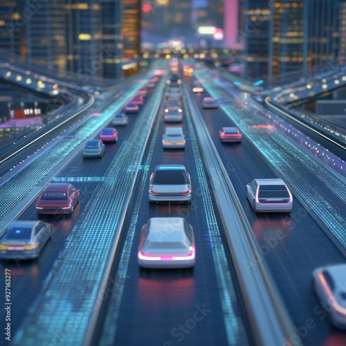 Cars driving on a futuristic highway with glowing digital lines.