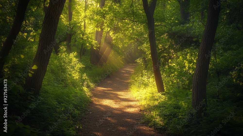 Serene Forest Trail: Sunlight Dappled Path in Nature's Embrace Serene Forest Trail: Sunlight Dappled Path in Nature's Embrace