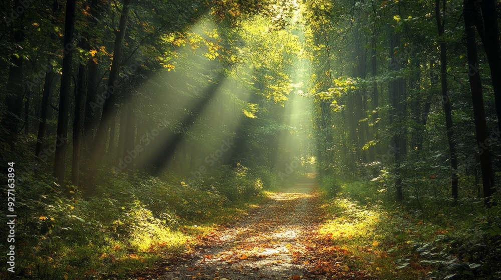 Fototapeta premium Golden Sunlight Dappled Path Through Autumn Forest
