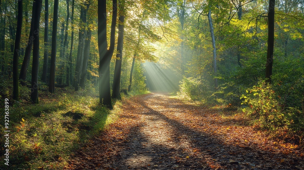 Obraz premium Sun-Dappled Forest Path: A Tranquil Autumn Scene