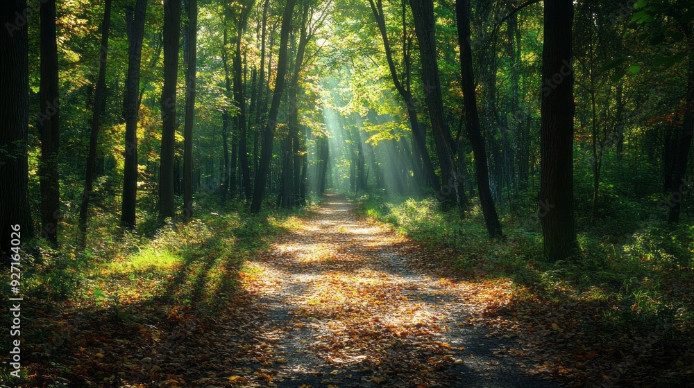 Golden Sunlight Dappled Path in a Tranquil Forest Golden Sunlight Dappled Path in a Tranquil Forest