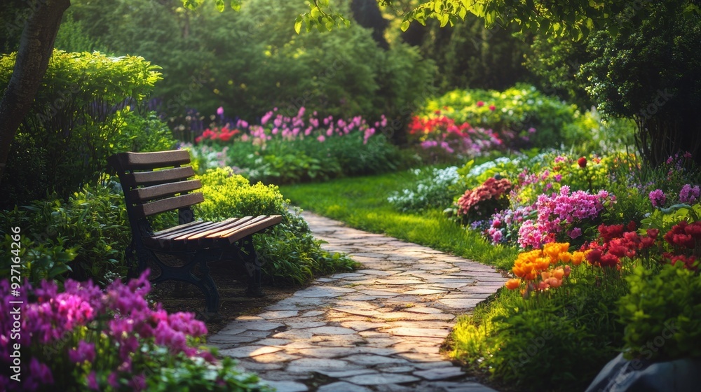 Fototapeta premium Serene Garden Escape: Blooming Flowers, Stone Path, and Tranquil Bench