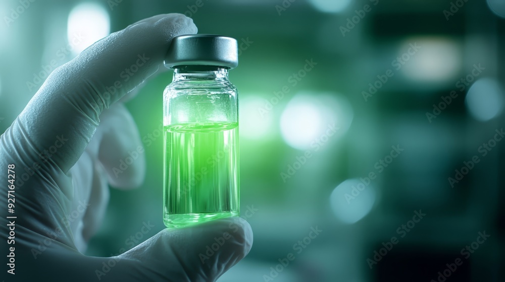 Gloved Hand Holding Green Liquid Vial in Lab Gloved Hand Holding Green Liquid Vial in Lab