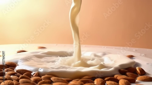 Splash of almond milk with almonds in mid-air against a bokeh background. Ideal for dairy alternatives, healthy eating, healthy products, and nutritious lifestyles