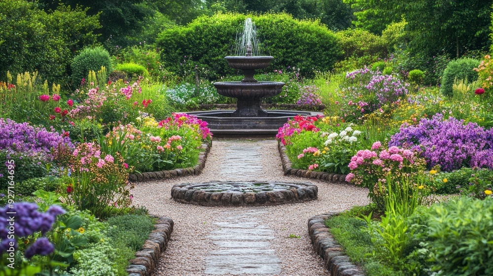 Serene Garden Path: Stone Steps to a Flower-Framed Fountain Serene Garden Path: Stone Steps to a Flower-Framed Fountain