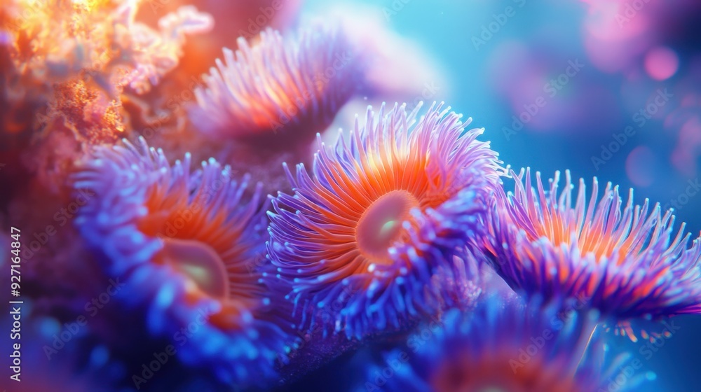 3D render of anemones in a coral reef. Colorful neon lights, close-up, hyper-realistic, macro photography, shallow depth of field 3D render of anemones in a coral reef. Colorful neon lights, close-up, hyper-realistic, macro photography, shallow depth of field