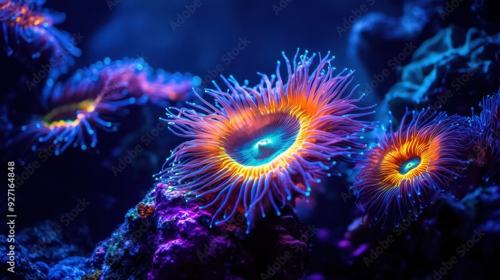 Fototapeta premium 3D render of anemones in a coral reef. Colorful neon lights, close-up, hyper-realistic, macro photography, shallow depth of field