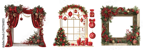 Festive Christmas Window Decorations with Ornaments and Wreath, isolated white background