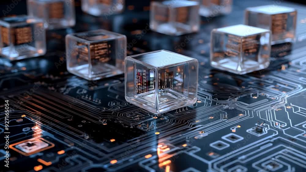 Blockchain Technology Visualization: Glass Cubes on Circuit Board
