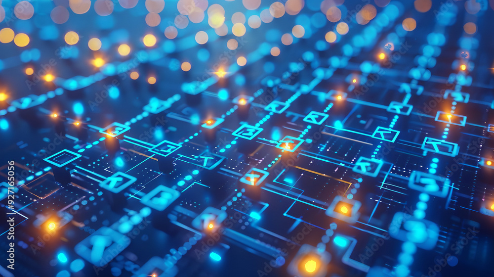 Futuristic Blue and Orange Digital Circuit Grid, Symbolizing Data Flow, Network Connectivity, and Modern Technology Futuristic Blue and Orange Digital Circuit Grid, Symbolizing Data Flow, Network Connectivity, and Modern Technology