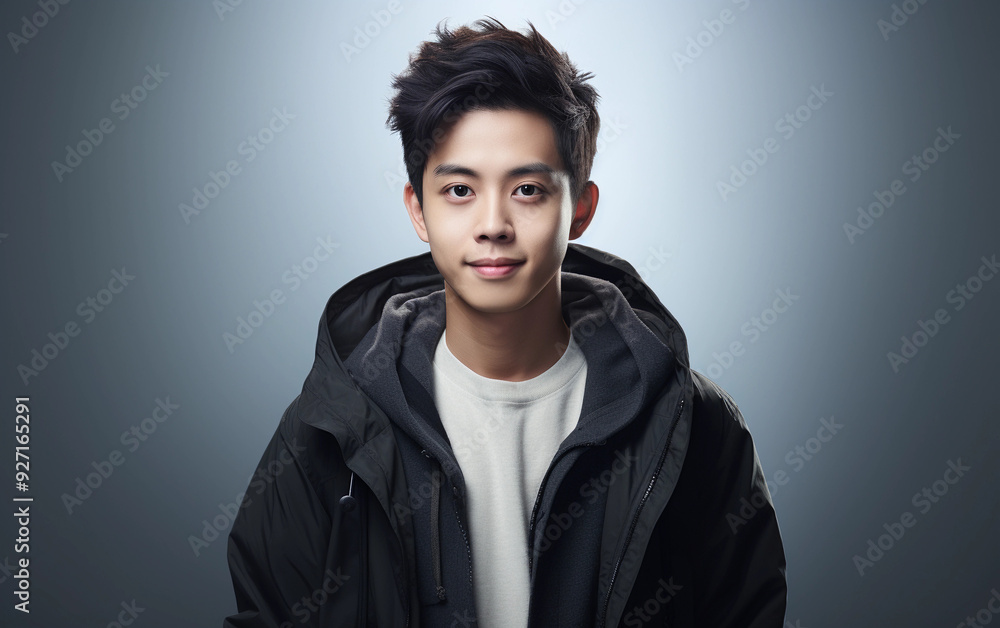 A young man with short hair and a black jacket is smiling for the camera. Concept of warmth and friendliness, as the man is happy and approachable