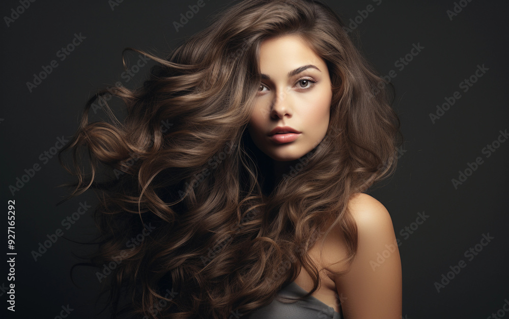 Fototapeta premium A woman with long brown hair is standing in front of a dark background. She has a serious expression on her face