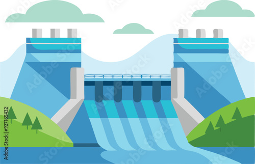 A hydroelectric dam releases water into a river, framed by mountains and trees under a blue sky with fluffy clouds.
