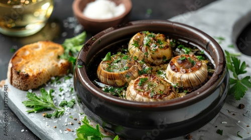 A rustic clay pot filled with sauteed mushrooms, topped with fresh parsley and a scattering of salt. The mushrooms are glistening with oil and have a light brown hue, suggesting they have been cooked 