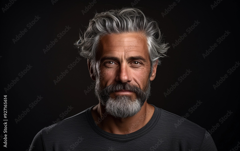 A man with a beard and gray hair is smiling at the camera. He is wearing a black shirt and he is in a good mood A man with a beard and gray hair is smiling at the camera. He is wearing a black shirt and he is in a good mood