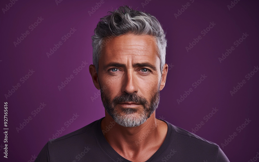 A man with a beard and gray hair is standing in front of a purple background. He has a serious expression on his face A man with a beard and gray hair is standing in front of a purple background. He has a serious expression on his face
