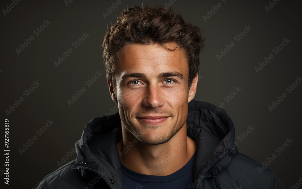 Obraz premium A man with a black jacket and a blue shirt is smiling. He has a beard and his eyes are closed