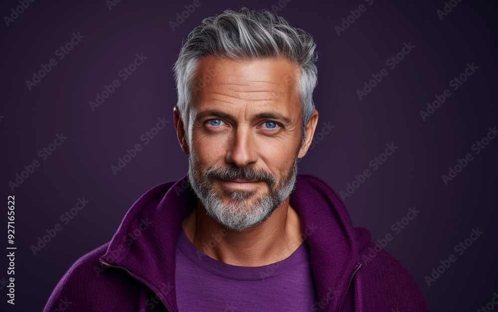 Fototapeta premium A man with a beard and gray hair is wearing a purple hoodie. He is smiling and looking at the camera