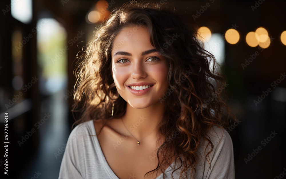 Obraz premium A woman with long hair is smiling and wearing a necklace. Concept of happiness and confidence
