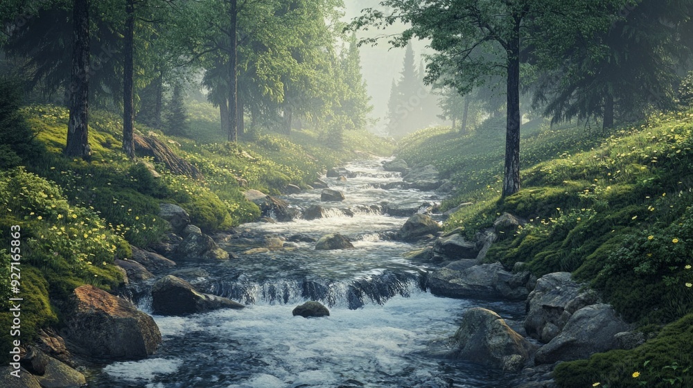 Fototapeta premium Serene Mountain Stream: Tranquility Amidst Rocks, Moss, and Trees