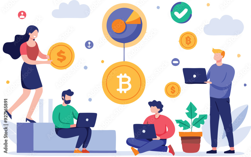 People work together on cryptocurrency trading using laptops, surrounded by financial symbols and graphics. People work together on cryptocurrency trading using laptops, surrounded by financial symbols and graphics.