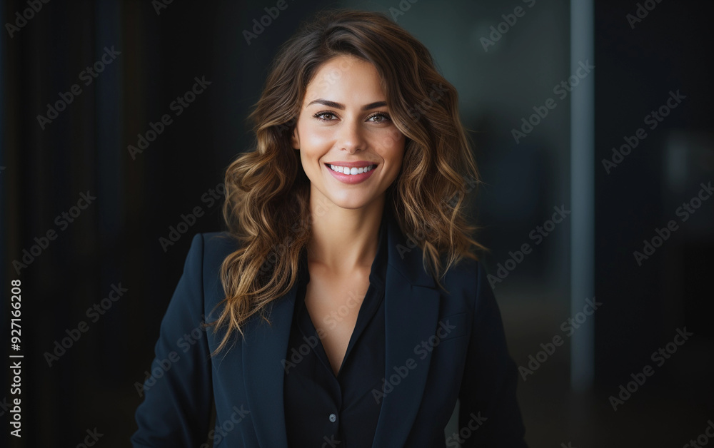 A woman in a black suit is smiling and looking at the camera. She is confident and professional A woman in a black suit is smiling and looking at the camera. She is confident and professional