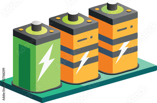 Three colorful batteries displayed on a green base, showcasing different designs and charge indicators.
