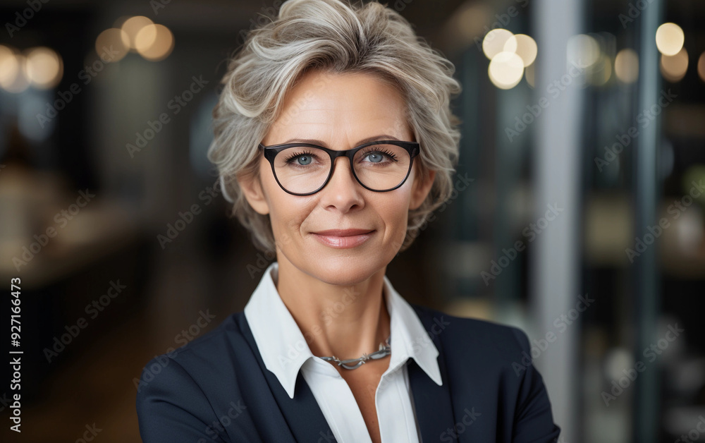 A woman wearing glasses and a suit is smiling for the camera. She looks confident and professional. Concept of authority and competence A woman wearing glasses and a suit is smiling for the camera. She looks confident and professional. Concept of authority and competence