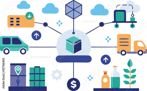 A colorful depiction of various delivery methods and logistics elements connected in a supply chain network diagram.