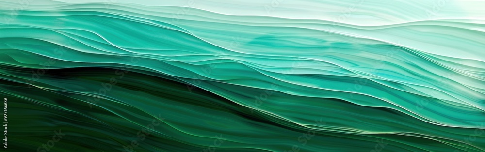 Obraz premium A close-up view of an abstract artwork featuring a flowing, layered pattern of green and white waves. The image is composed of multiple shades of green, transitioning from light green at the top to a 