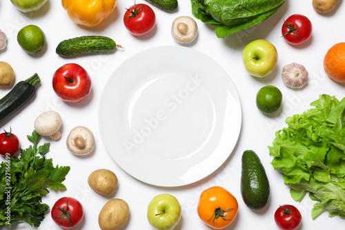 Healthy vegetarian food. Empty plate surrounded by different vegetables, mushrooms and fruits on white background, flat lay