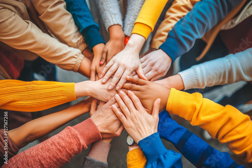 Diverse hands in circle signify unity, teamwork, and partnership. Concept of collaboration and cooperation.