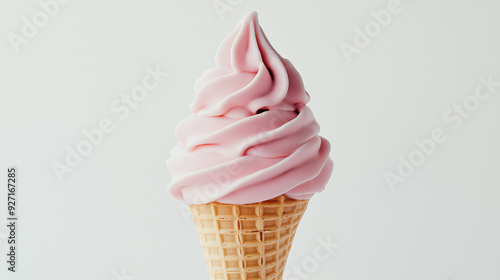 A strawberry ice cream cone with a scoop of strawberry ice cream on a waffle cone, surrounded by tags like sweet, cold, dessert, summer, and chocolate