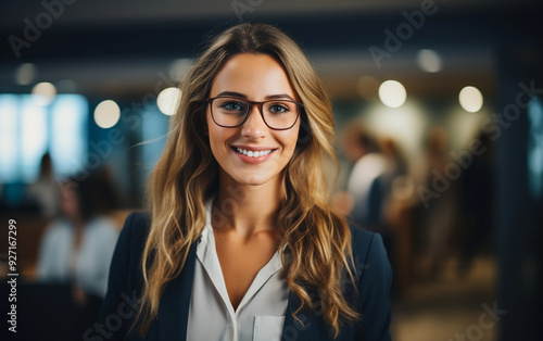 A woman wearing glasses and a suit is smiling for the camera. She is in a room with other people, and there are chairs and a dining table in the background