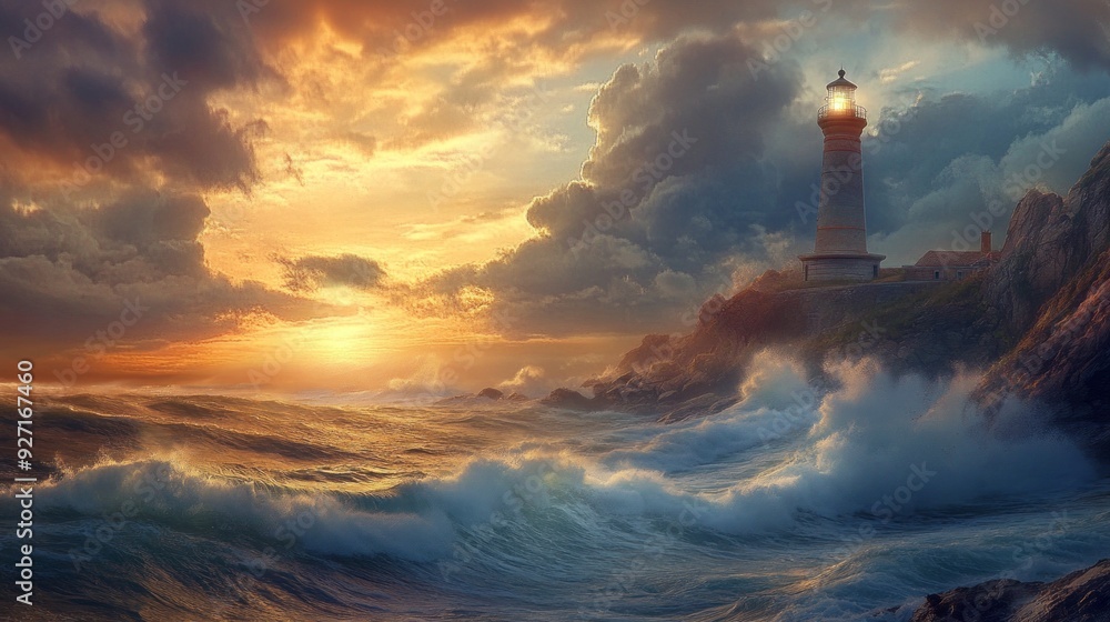 Lighthouse on Rugged Coastline: Breathtaking Ocean View with Crashing Waves Lighthouse on Rugged Coastline: Breathtaking Ocean View with Crashing Waves
