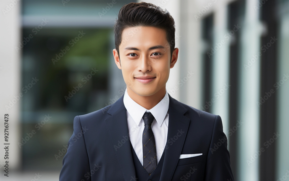 A man in a suit and tie is smiling for the camera. He looks confident and professional. Concept of success and achievement A man in a suit and tie is smiling for the camera. He looks confident and professional. Concept of success and achievement