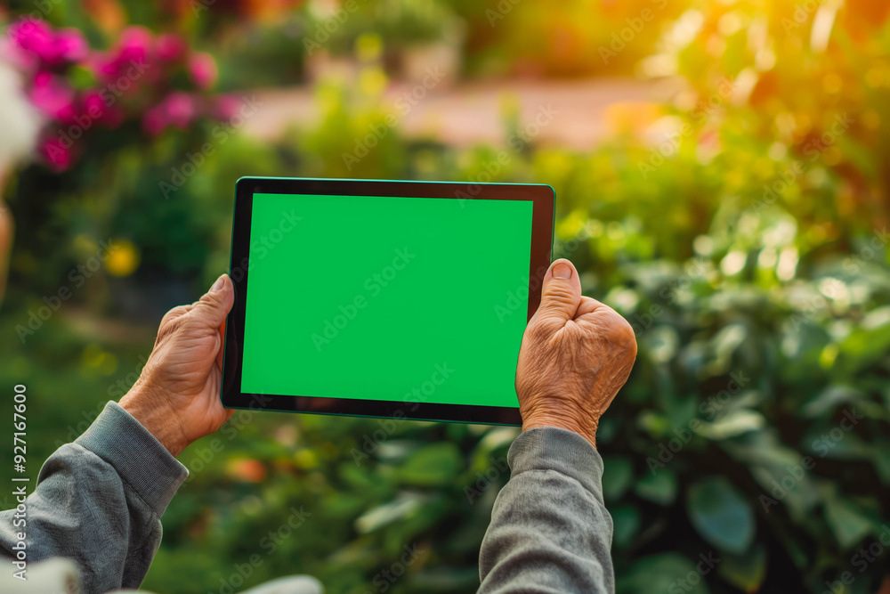 Elderly person using a green screen tablet in a garden. Elderly person using a green screen tablet in a garden.