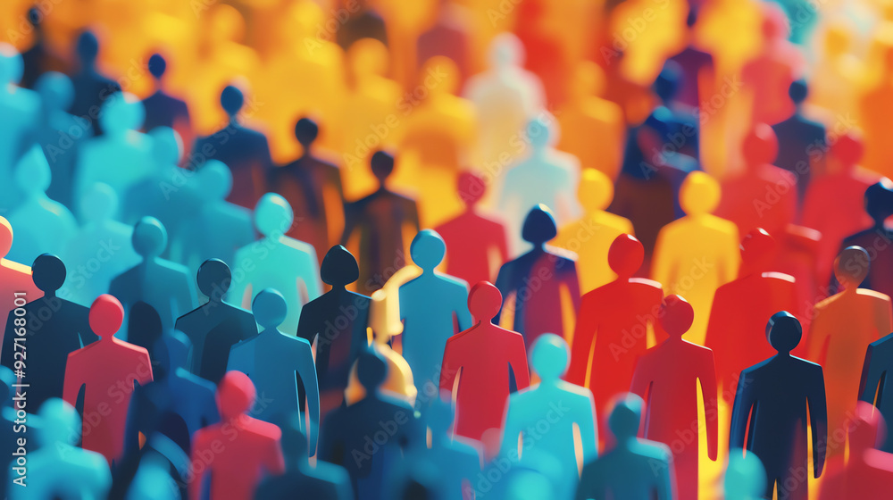 Obraz premium a group of small, colorful people with a red scale above them.