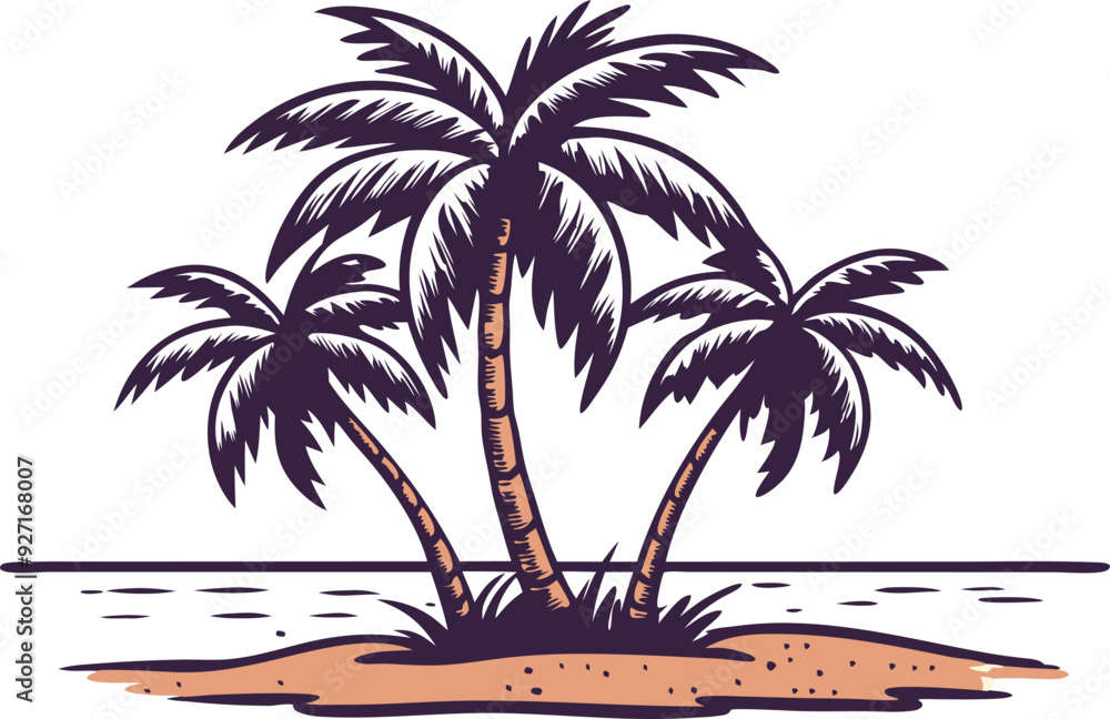 Three palm trees stand on a sandy island by the ocean under clear blue skies.