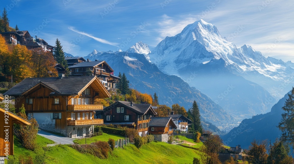Obraz premium Mountain Village Serenity: Chalets, Snow-Capped Peaks, and a Clear Sky